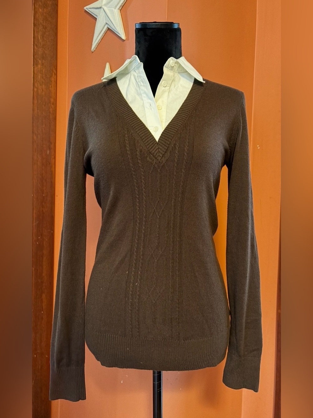 MICHAEL Michael Kors Brown V-Neck Cable Knit Sweater